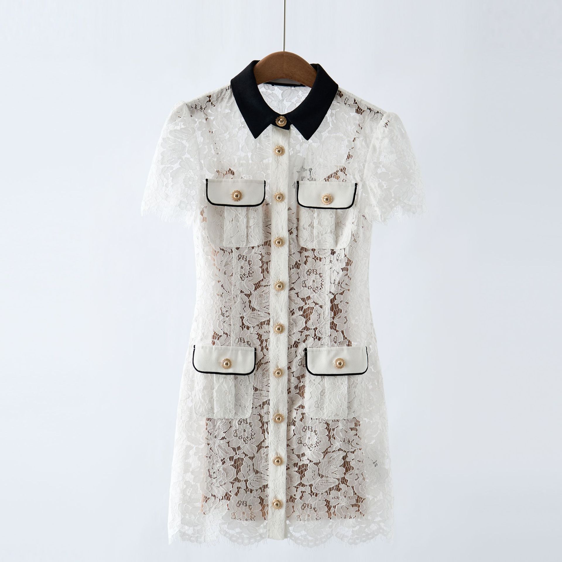 [Same Source as Cabinet Goods] g 4.1K+S*P25 Early Autumn New Elegant Commuter Contrasting Color Lapel Lace Dress