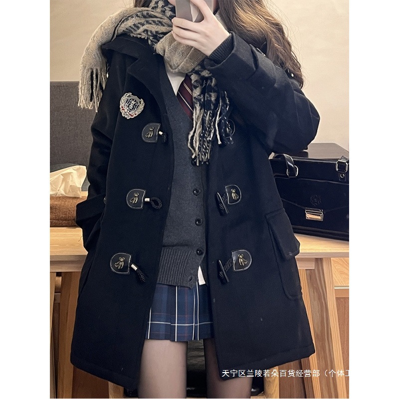Cross-Border New Style Preppy Style Horn Button Outwear Winter Black Women's Woolen Jk Uniform Mid-Length Outwear