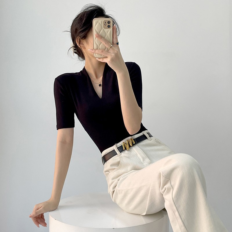 샤넬 블랙 [디자인 탑/슬림 탑/아주 멋지고 부드럽고 유니크한 탑/순수한 허리 탑/여성 티셔츠/반팔 여성 티셔츠 2025 새로운 스타일/상의