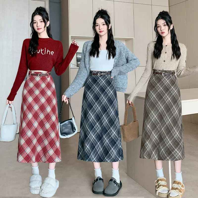 大码胖MM秋冬季韩版时尚优雅毛呢高腰长裙格子中长半身裙女送皮带