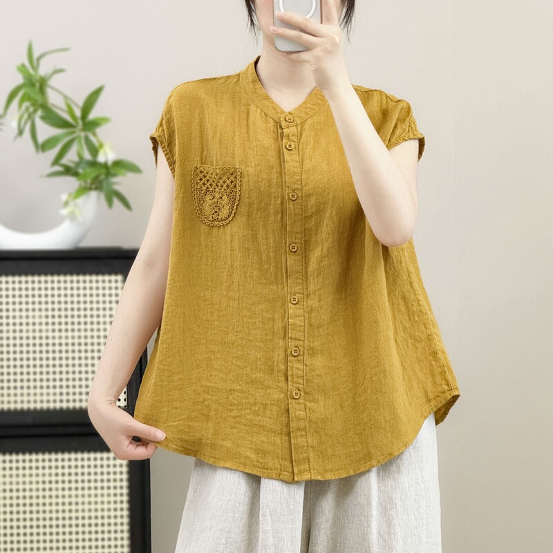 Vintage-Style Solid Color Linen Shirt for Women, 2026 Summer New Lace Pocket Loose Slimming Casual Top