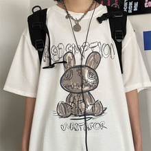 短袖T恤男夏季美式复古高街嘻哈兔子印花宽松休闲半袖情侣装上衣