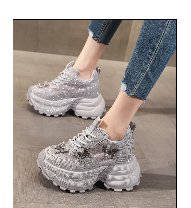 Giày sneaker nữ chunky đế dày đính đá pha lê thời trang — màu be chi tiết 12