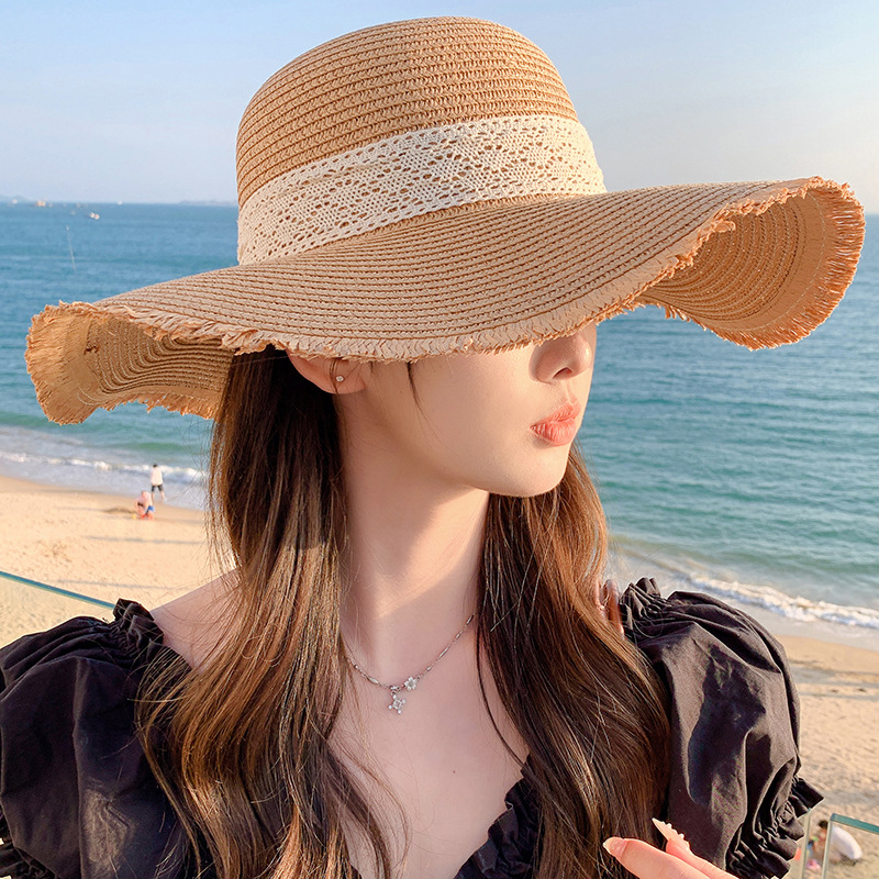 Korean Version of Small Fresh Sweet Fashionable Sunshade Hat for Women in Summer Large Brimmed Ribbon Outdoor Hat Large Brim Sun Hat Straw Hat_voghion.com