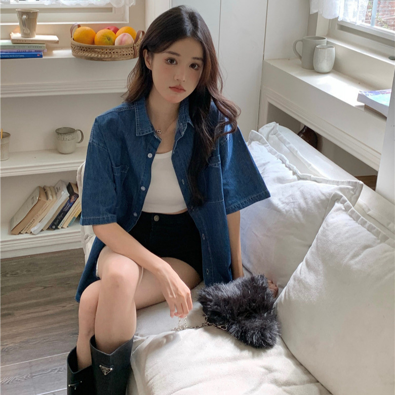 Korean Style Loose Short-Sleeved Denim Shirt for Women 2025 Spring and Summer Casual Design Thin Jacket Top Factory Direct Sale