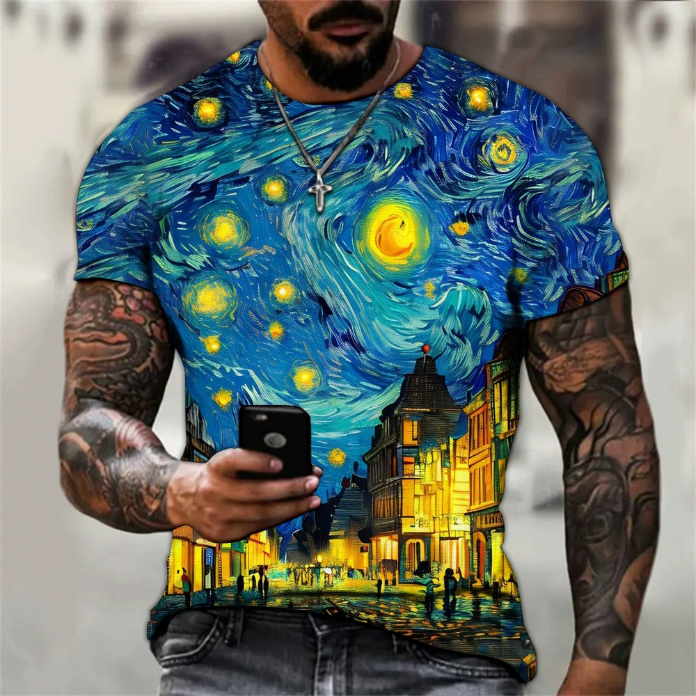 AliExpress Amazon Подростковая летняя 3D цифровая печать мужская футболка с круглым вырезом картина маслом пейзаж