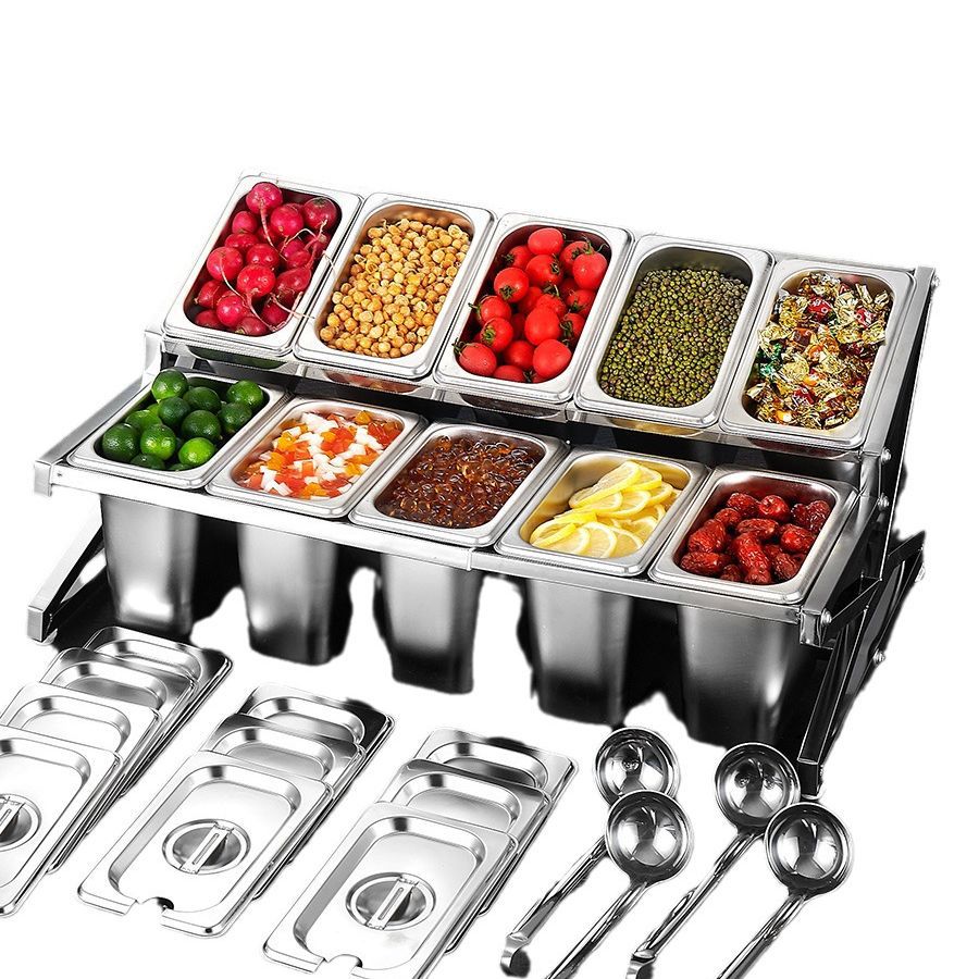 Estante de acero inoxidable 1/9 con compartimentos para tiendas de té con leche, caja para mermeladas, estante para cajas de condimentos, bandeja para perlas, estante para cajas de salsas.