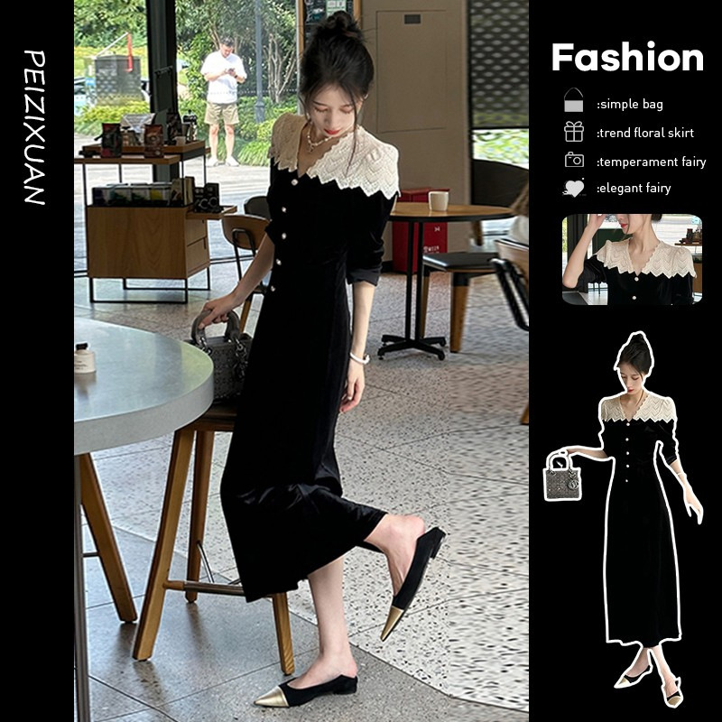 French Style Design Lace Stitching Velvet dress Women's Autumn and Winter Ladies Elegant Slim-fit Dress French Style Design Lace Stitching Velvet dress Women's Autumn and Winter Ladies Elegant Slim-fit Dress