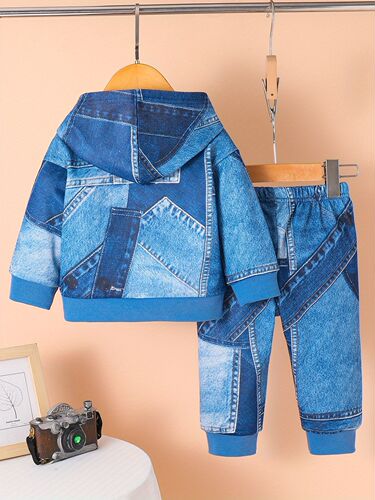 INS Baby & Toddler Boys Spring & Autumn Denim Style Bear Print Hooded Long Sleeve Fleece Set Trendy
