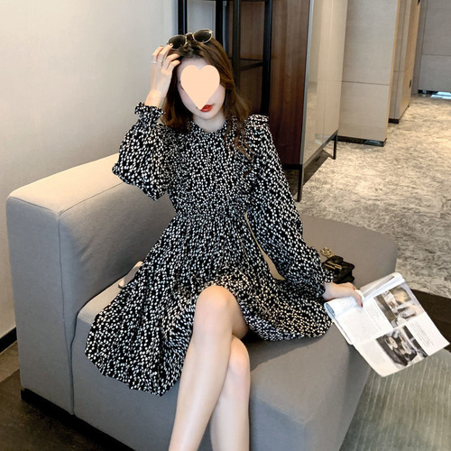 Spring and Autumn New French Retro Waist-Slimming Stylish Matchable Word Skirt Women Long-Sleeve Elegant Floral Dress