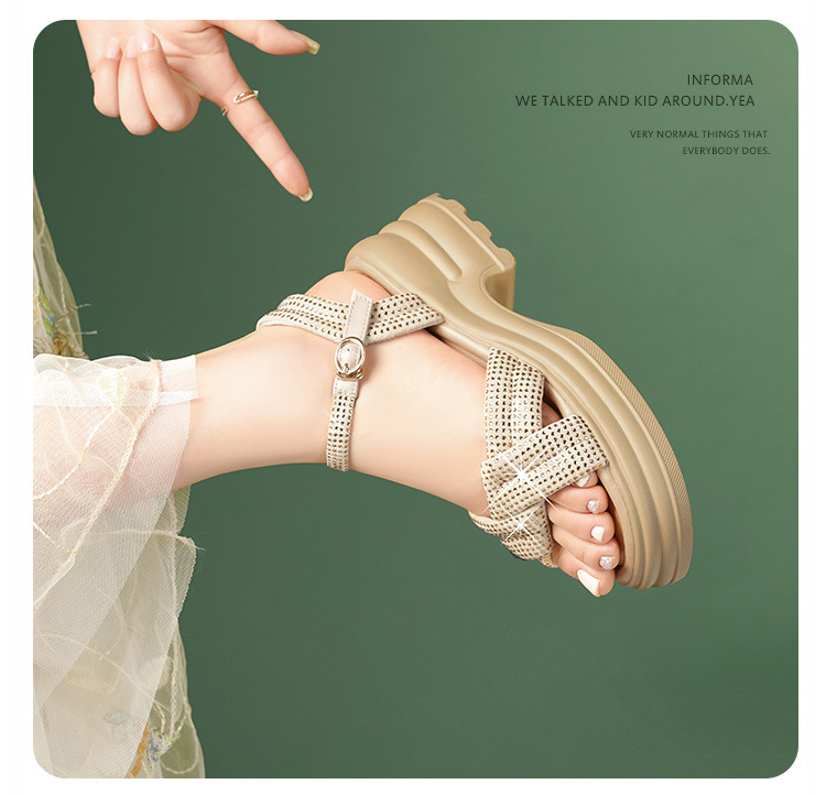 Sandal nữ đế dày đính đá phong cách La Mã, đế mềm tăng chiều cao — Màu đen chi tiết 9