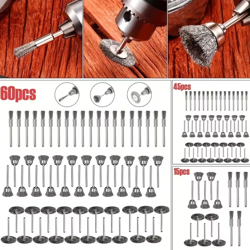 15/45/60Pcs Steel Wire Brush Set Pressed Stainless Steel Drill Bit Polishing Tool for Rotary Power Tools 15/45/60Pcs Steel Wire Brush Set Pressed Stainless Steel Drill Bit Polishing Tool for Rotary Power Tools