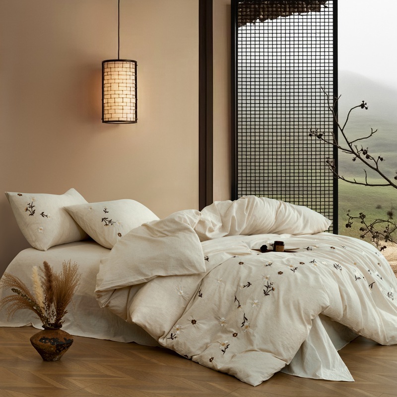 Completo letto 4 pezzi in cotone e lino con ricamo_voghion.com