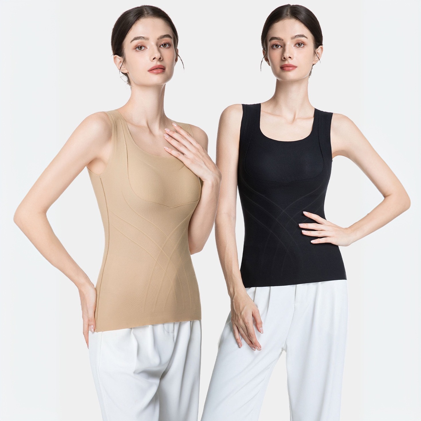 Brushed 3D drawstring thermal wearer, temperature-controlled lightweight and warm casual vest for women, popular style with bra pads, one-piece base layer.