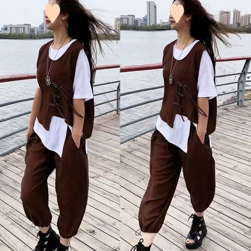 2025 новый летний жилет-тройка, модный, повседневный и универсальный, женская одежда больших размеров скрывает тело и выглядит стройнящей, высококачественная толстая одежда.