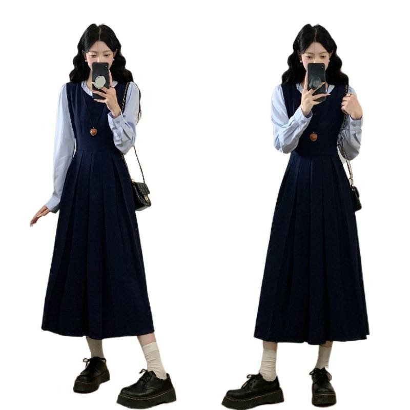 大码女装胖mm秋季新款复古拼接长袖假两件连衣裙女裙子|undefined