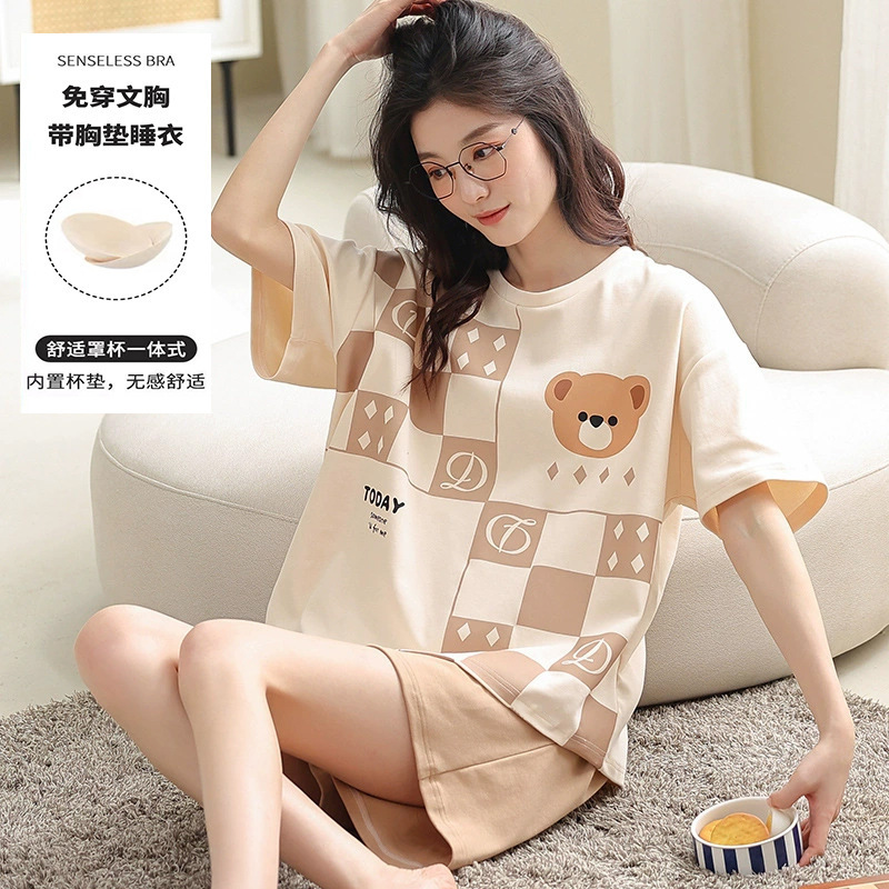 Pajamas for Women, Summer Short-Sleeved, Sweet, with Chest Pads, Korean Style Cartoon Student Casual Home Clothes, Loose, Large Size, Summer Pajamas for Women, Summer Short-Sleeved, Sweet, with Chest Pads, Korean Style Cartoon Student Casual Home Clothes, Loose, Large Size, Summer