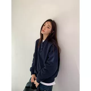 即墨卫衣简约纯色亨利领宽松卫衣女春秋冬新款宽松小个子加绒上衣