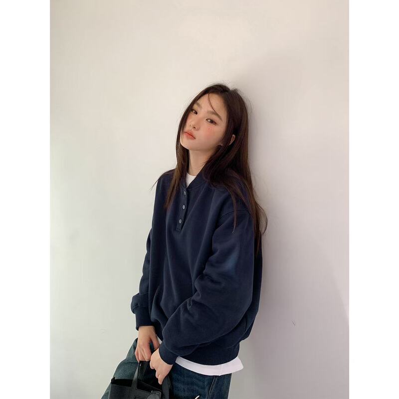 Jimo Sweatshirt Simple Pure Color Henry Collar Loose Sweatshirt Women's Spring Autumn Winter New Loose Small Velvet Top