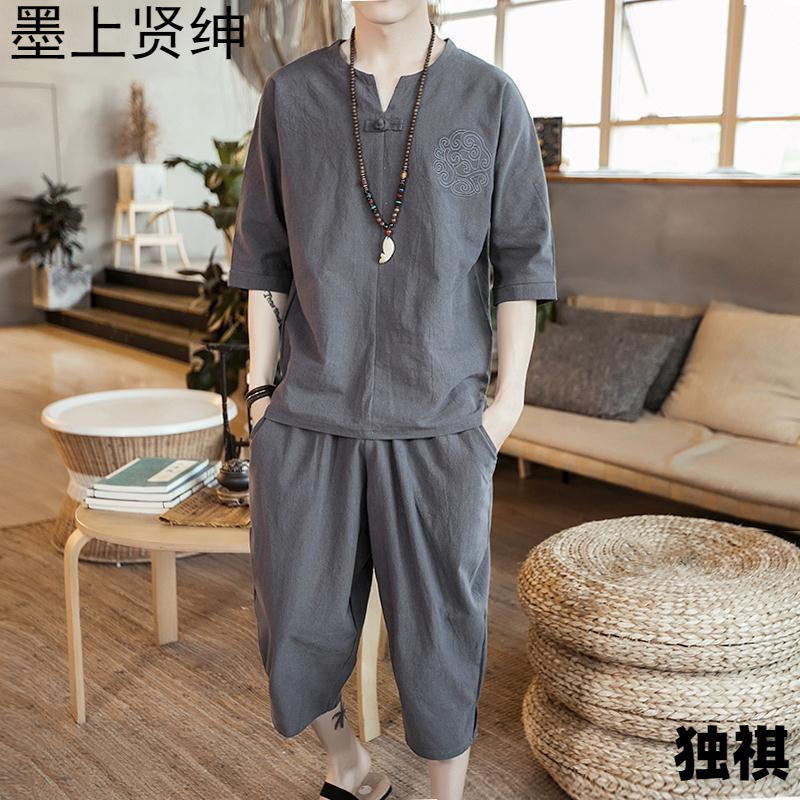 Nuevo traje de lino de verano para hombre Camiseta de estilo chino de manga corta de dos piezas de gran tamaño pantalones recortados sueltos para hombre