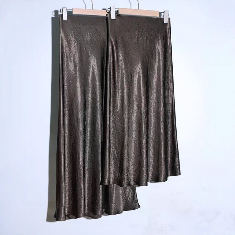 Mocha Brown 100% Pleated Triacetate Bias-Cut Petite Midi Skirt, Fishtail Long Skirt, Straight A-Line Skirt