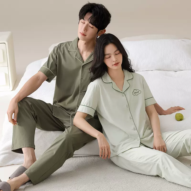 睡衣情侣款夏季纯棉短袖长裤简约开衫款夏天薄款男女士家居服套装