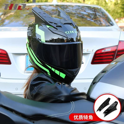 Motosiklet kaskı (dəbilqə) — Women, Universal Motorcycle Safety Helmet - 3c-certified-black-and-green-warrior-horns-m