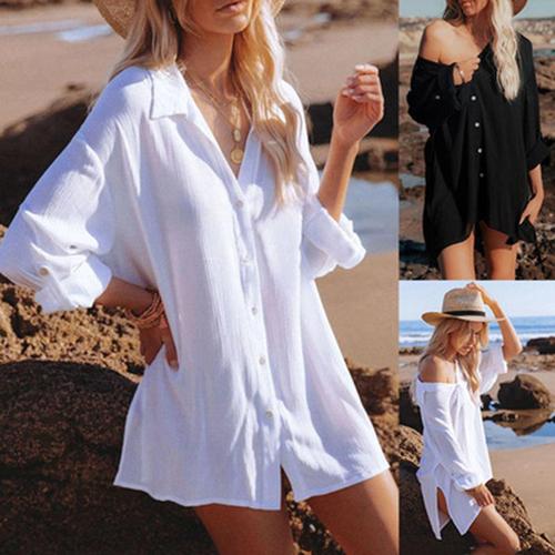 跨境新款欧美雪纺皱沙滩罩衫性感衬衣式防晒衫海边度假比基尼罩衫