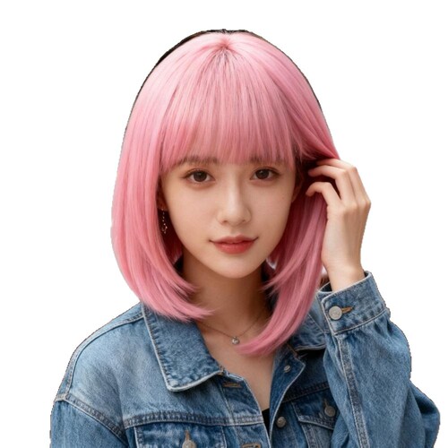 Female Ji Fa Style Wavy Bobo Headpiece Full Head Wig with Straight Fringe Student Simulation