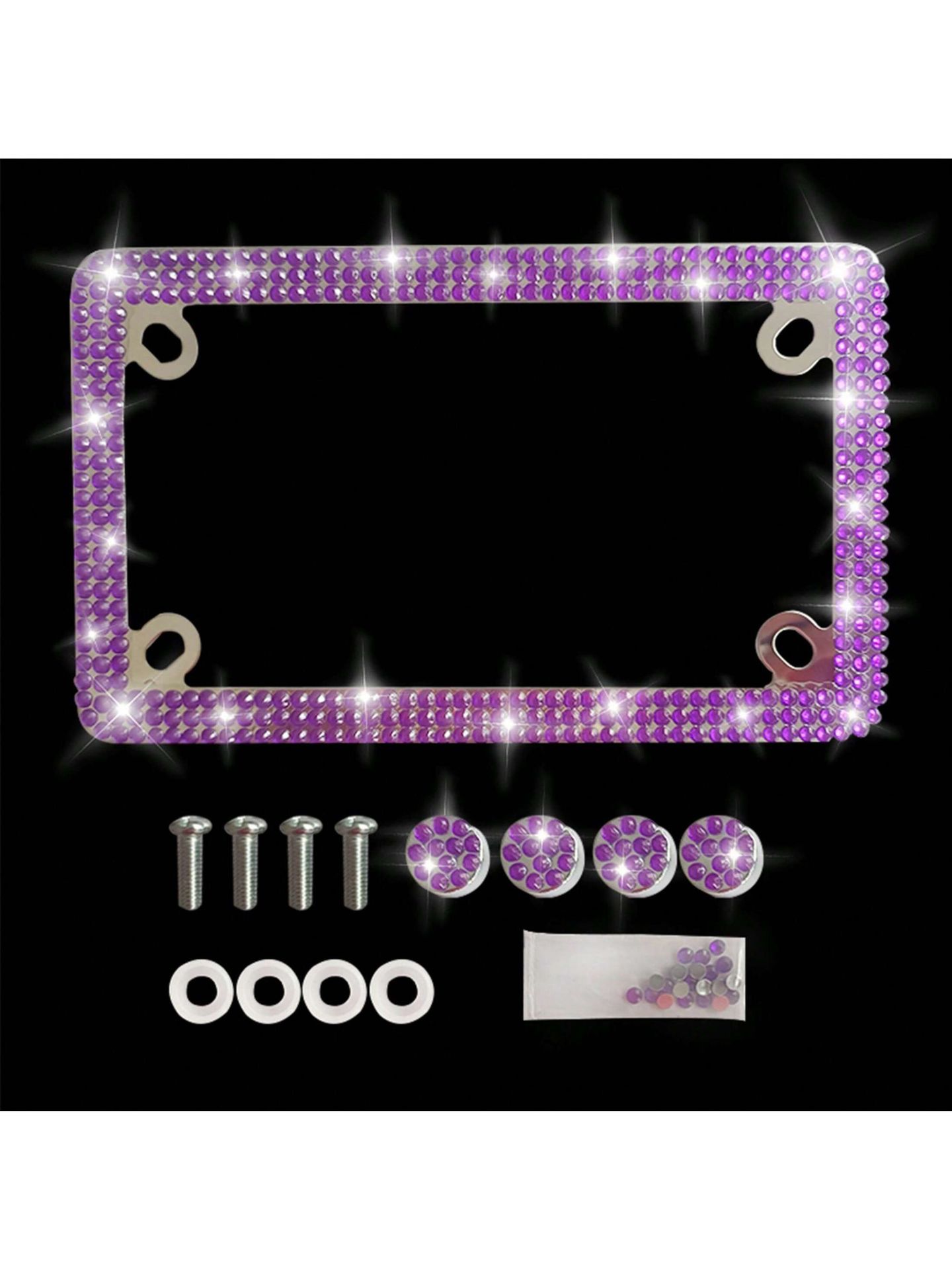 Motorcycle 4-Hole Rhinestone License Plate Frame Stainless Steel