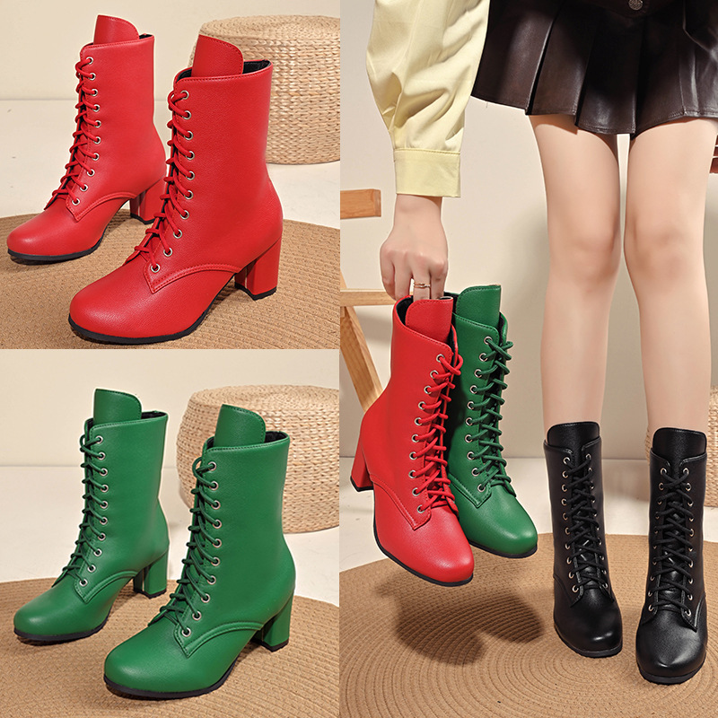 Foreign trade plus size women's boots 2024 autumn and winter British wind thick with soft round head lace with Martin boots wholesale