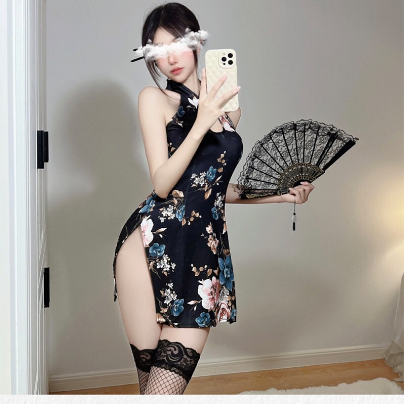 Sexy underwear passion hollow temptation split sleeveless printing elegant slim uniform cheongsam suit a generation of hair Sexy underwear passion hollow temptation split sleeveless printing elegant slim uniform cheongsam suit a generation of hair