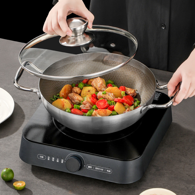Household Stainless Steel Binaural Wok Uncoated Titanium Non-stick Pan Multifunctional Pan Wok Factory Wholesale