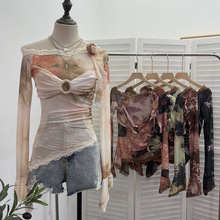 实拍 蕾丝拼接斜肩薄款扎染网纱T恤女辣妹一字肩设计感短上衣9986