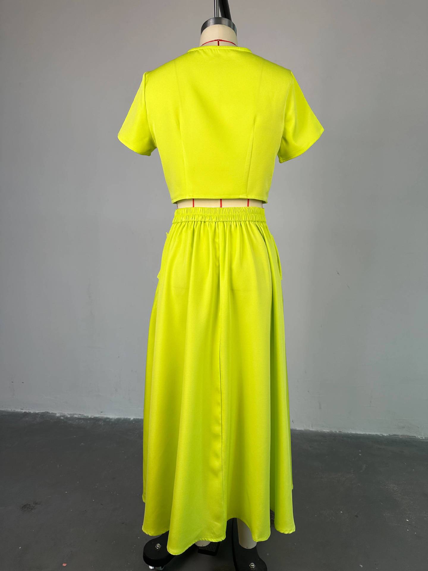 Women Clothing Summer Crew Neck Short Sleeve Top High Waist Breasted Skirt Set