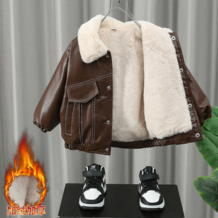 Children's Clothing Boys' Cool Leather Jacket New Style Western Style Baby's Autumn and Winter Clothing Children's Korean Style fleece-lined Thick Jacket Leather Jacket