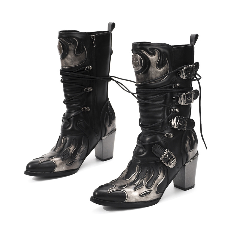 Us Size Autumn and Winter Flame Mid-Calf Boots with Side Zipper, Fashionable Retro Fashion Shoes, High Thick Heels, Western Cowboy Boots Us Size Autumn and Winter Flame Mid-Calf Boots with Side Zipper, Fashionable Retro Fashion Shoes, High Thick Heels, Western Cowboy Boots