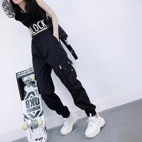 Women's oversized baggy cargo pants, boyfriend style, ankle-tied, trendy brand, short-stature-friendly harem pants, black pants for women, Korean-style straight-leg pants.
