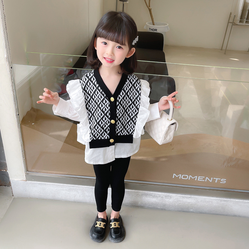 女童衬衫中小童拼色假两件V领童上衣可爱田园拼色打底衫百搭上衣|ms