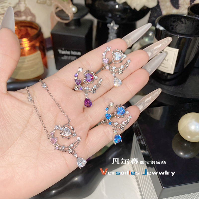 Versa Sea Blue Heart-Shaped Zircon Ring for Women, Sweet and Cool Niche Design with a High-End Trendy Feel, Open Index Finger Ring