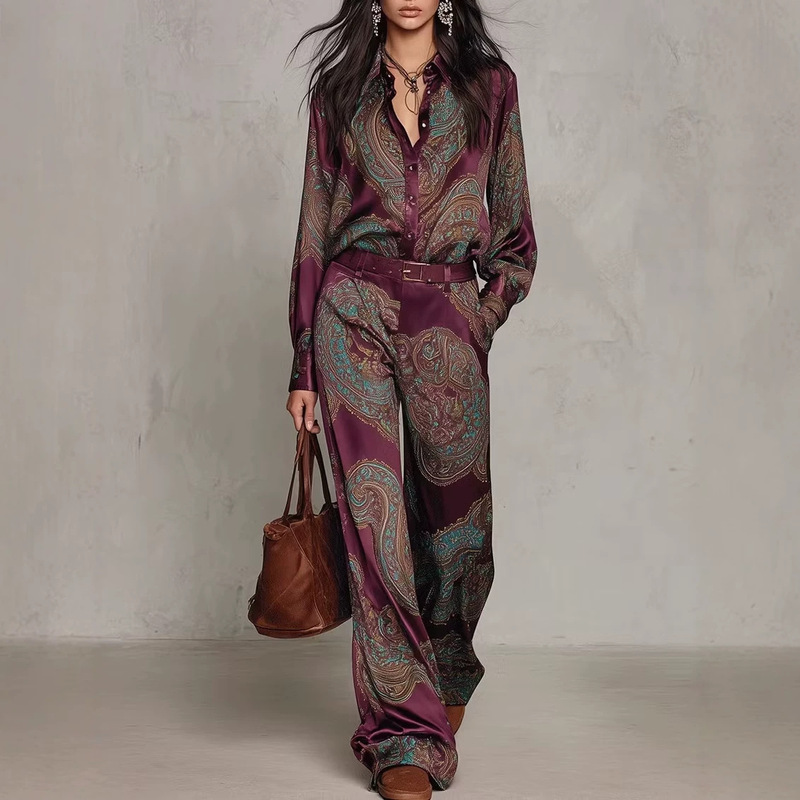 2026 Spring European and American Style Women's Paisley Print Long-Sleeve Shirt and Wide-Leg Pants Set 2026 Spring European and American Style Women's Paisley Print Long-Sleeve Shirt and Wide-Leg Pants Set