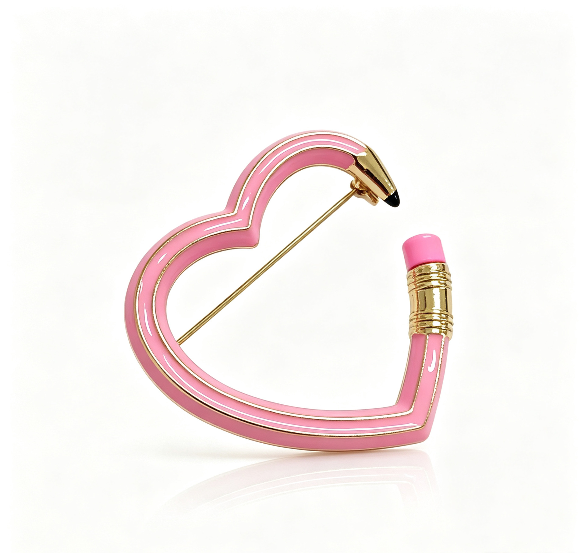 Pink pencil heart brooch, hollow heart-shaped enamel pin, unique design brooch for decorating blazers