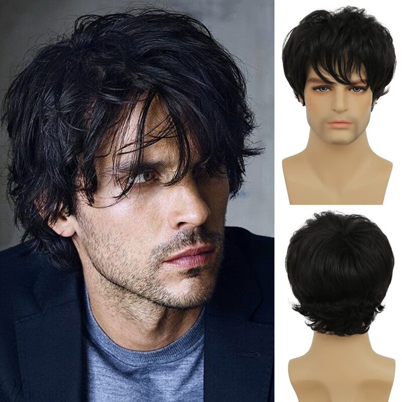 Amazon New Wig European and American Men's Black Fluffy Bangs Anti-upturned Fashion Synthetic Short Headgear Wig