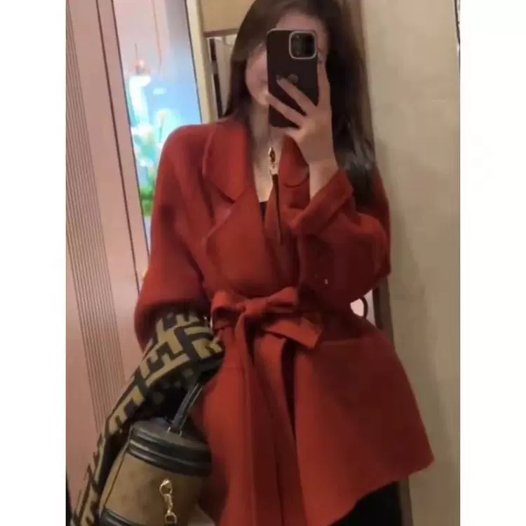 慵懒红色双面呢羊毛大衣西西里小个子羊绒高级感灰色毛呢外套短款