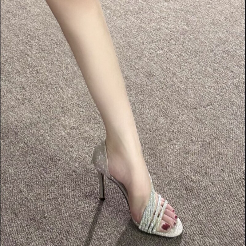 Beautiful! European and American High-End Sexy High-Heeled Shoes for Women, French Ladies Rhinestone Sandals, Stiletto Heels, Side Hollow Open-Toe Fashion Shoes