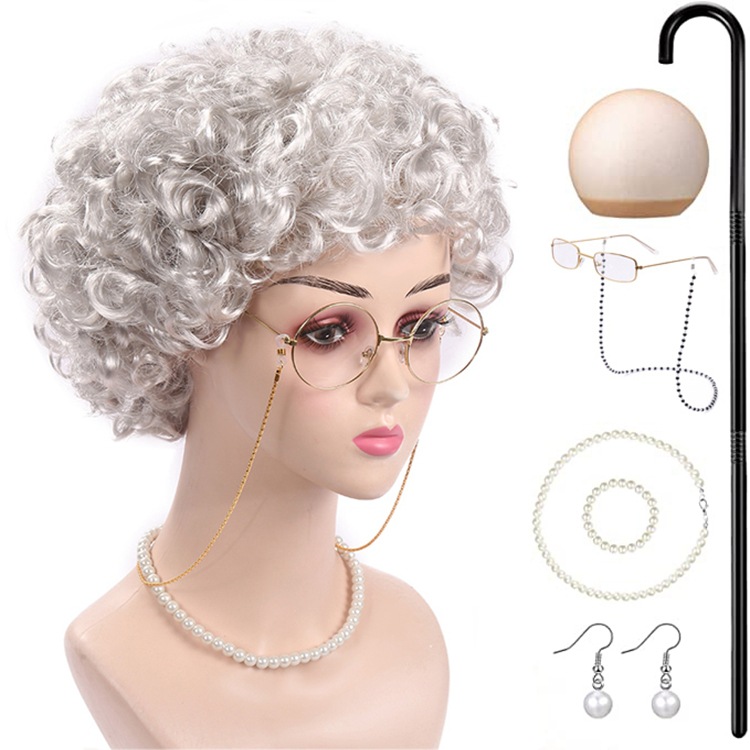 COS grandma wig gray old lady white short curly hair Halloween middle-aged and elderly old lady old lady hair cover