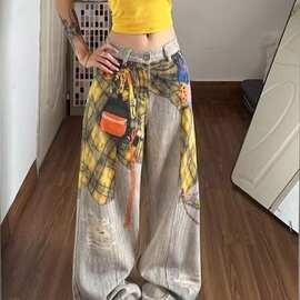美式复古水洗格纹图案彩绘设计牛仔裤女夏季高街宽松显瘦拖地长裤