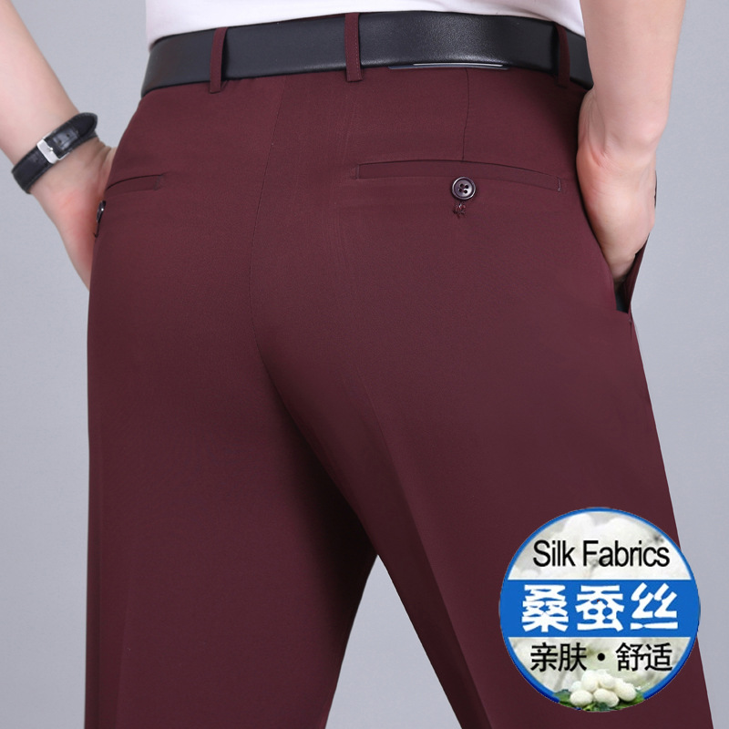 Pantalones finos de seda de morera para hombres de primavera y verano para hombres, pantalones rectos de mediana edad de cintura alta sin planchar para hombres de mediana edad y ancianos image 23