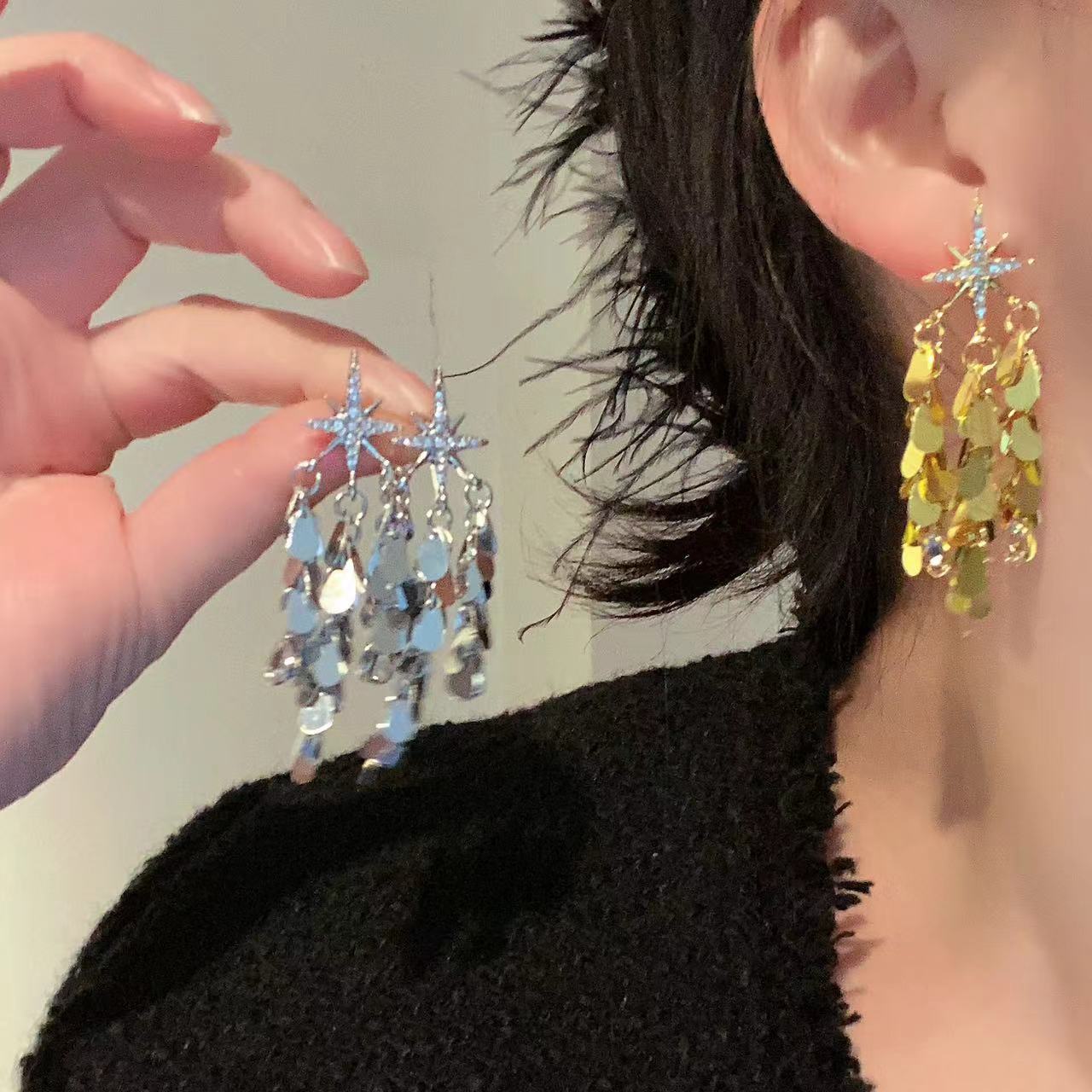 銀針輕奢氣質鋯石芒星亮片流蘇耳環小眾設計百搭個性時尚耳飾女