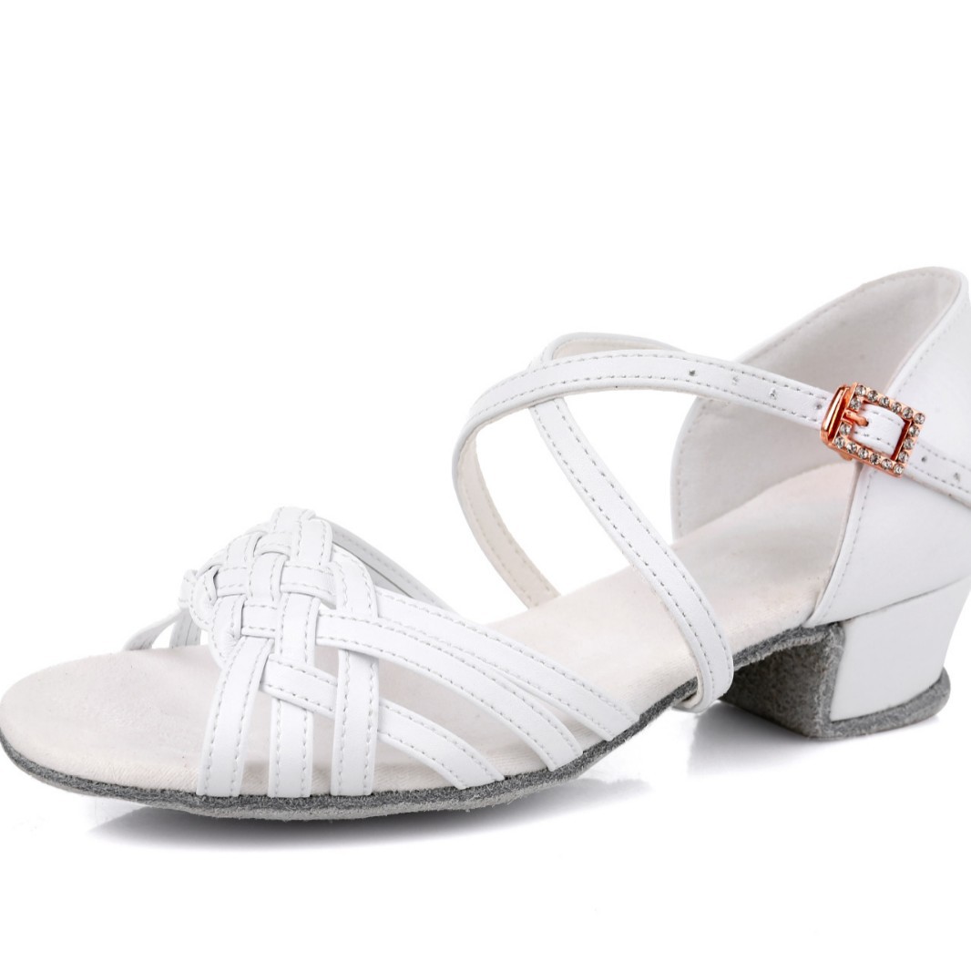 Professional Children's Latin Dance Shoes for Girls, Soft-Soled Mid-Heel White Leather Practice Dance Shoes for Grade Examination